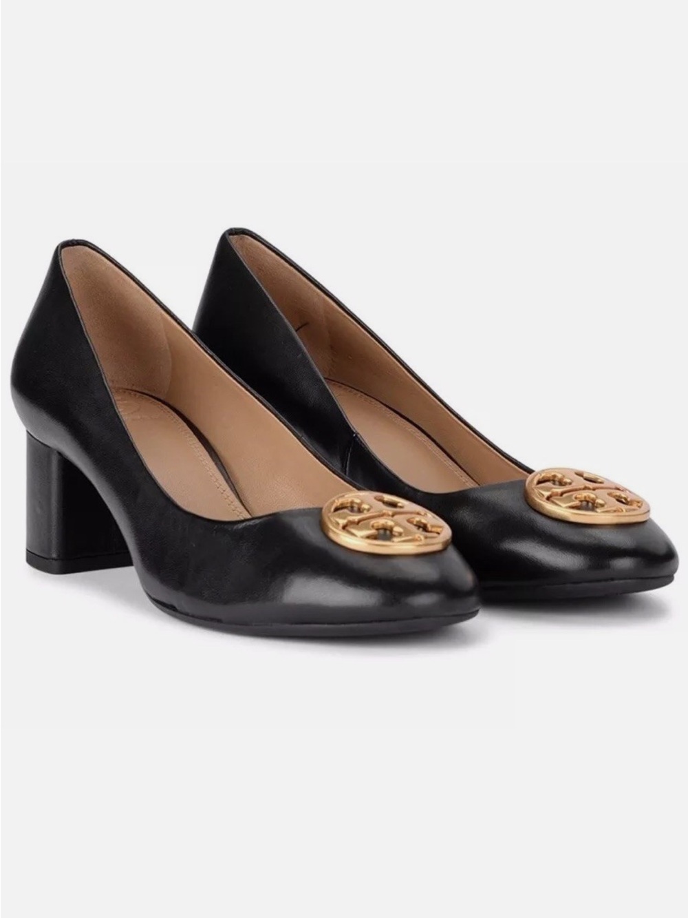 Tory Burch Black Leather Benton Pumps Women's Size 7 in EUC Gold Details